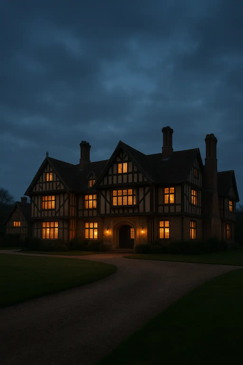 Historic Tudor manor house exterior at dusk with warm lit windows