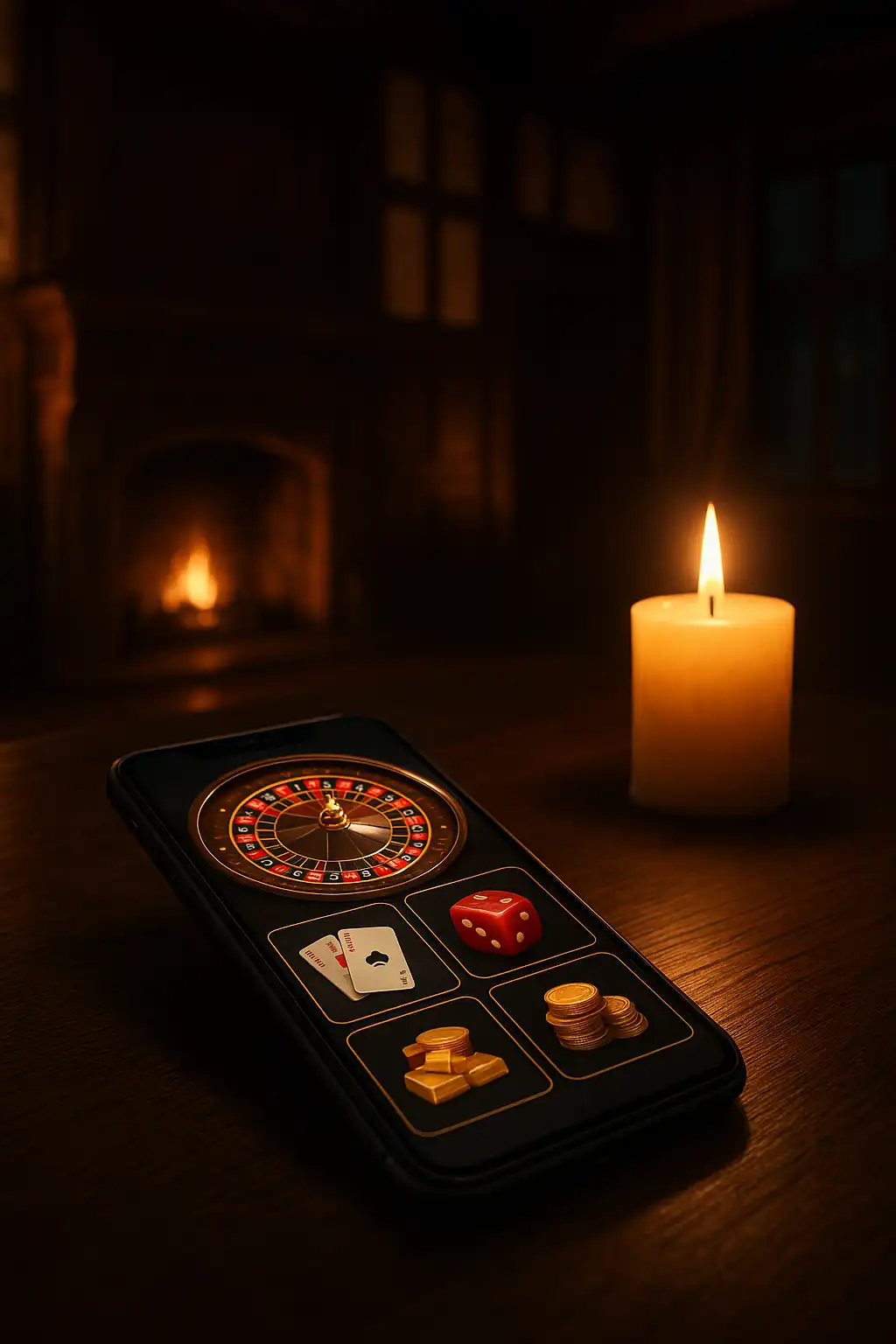Smartphone showing the RaraWin casino mobile interface on a dark oak table beside a lit candle