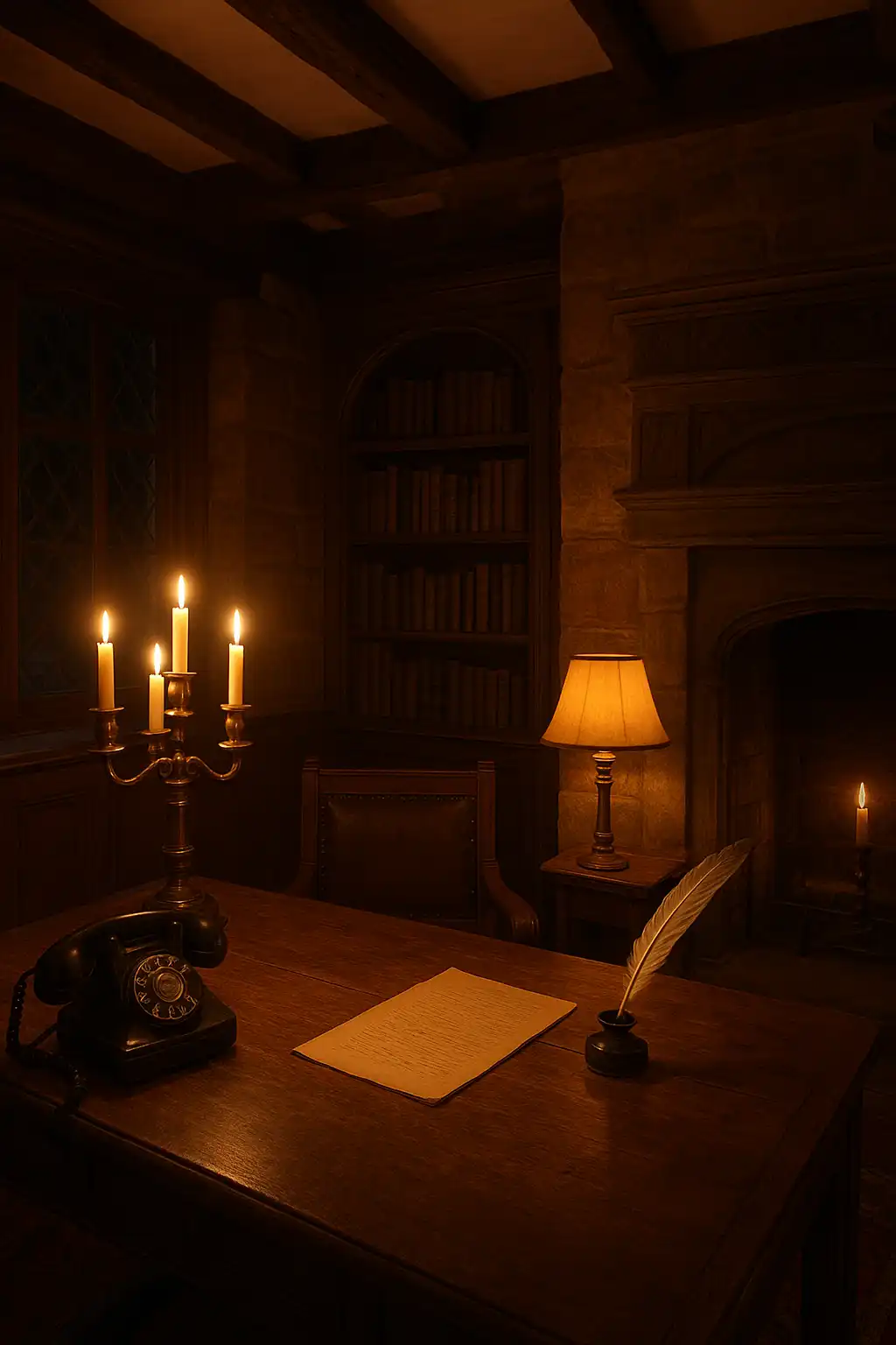 Cosy Tudor manor study with a support desk, candelabra and an old telephone