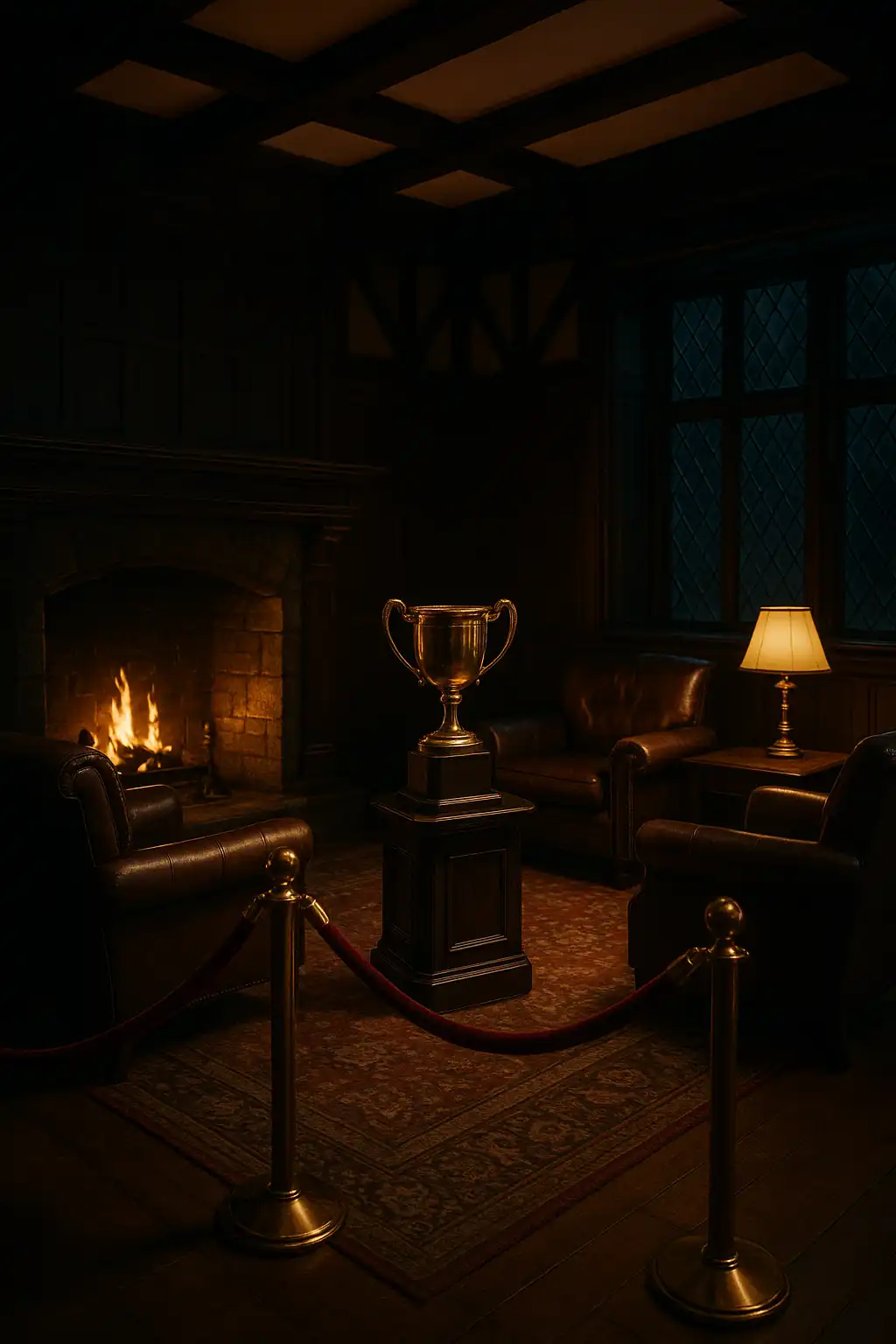 VIP lounge inside a Tudor manor casino with leather armchairs and a roaring fireplace