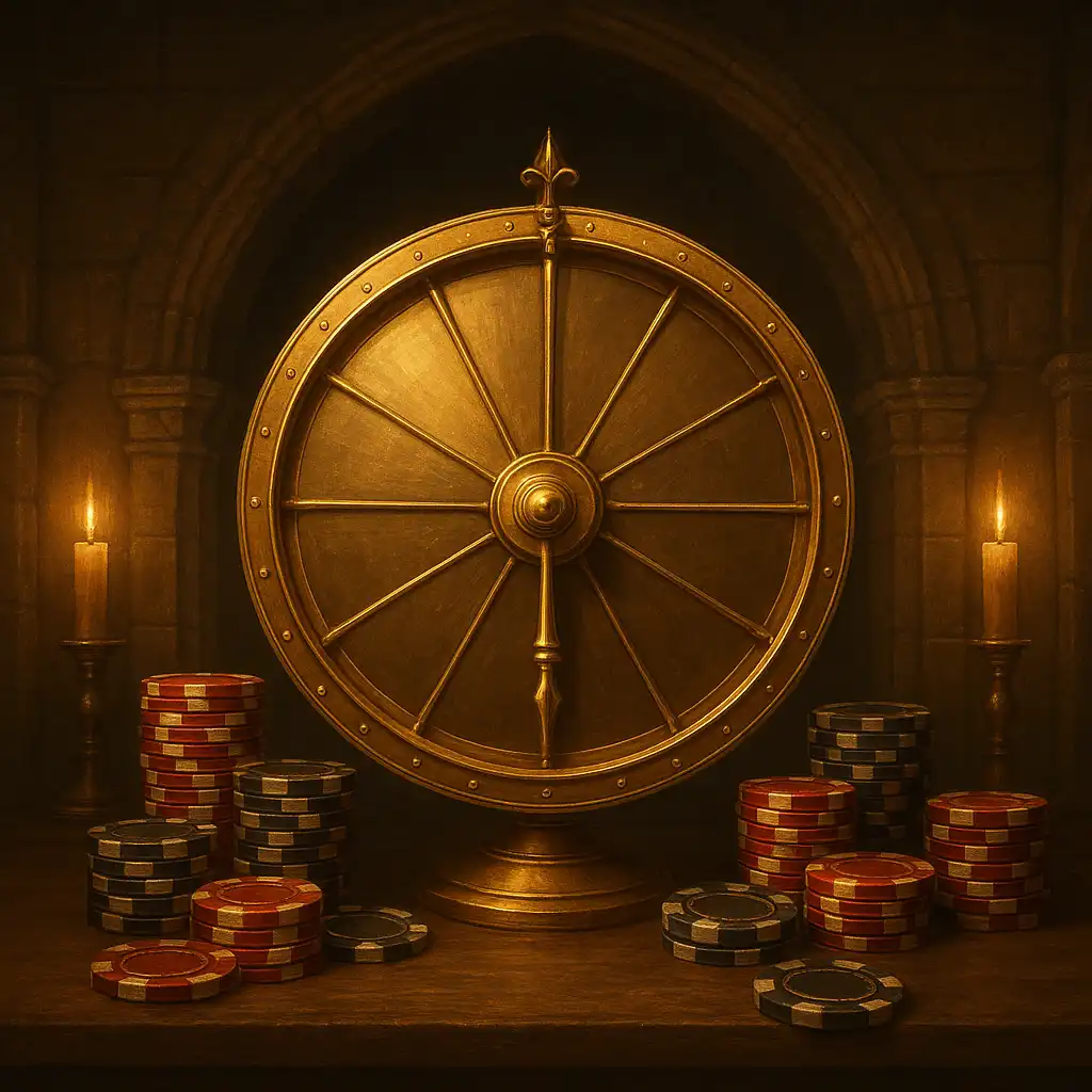 Golden wheel of fortune surrounded by casino chips