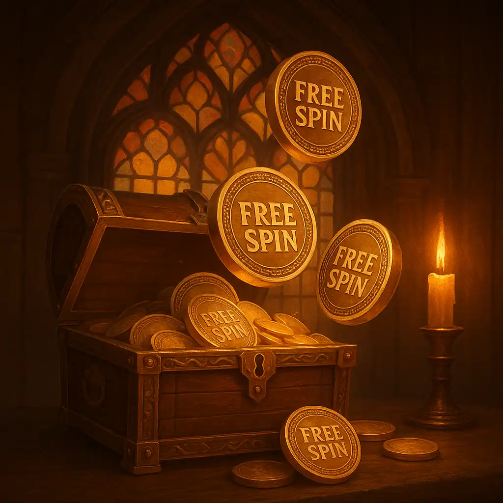 Free spin tokens flying out of a treasure chest