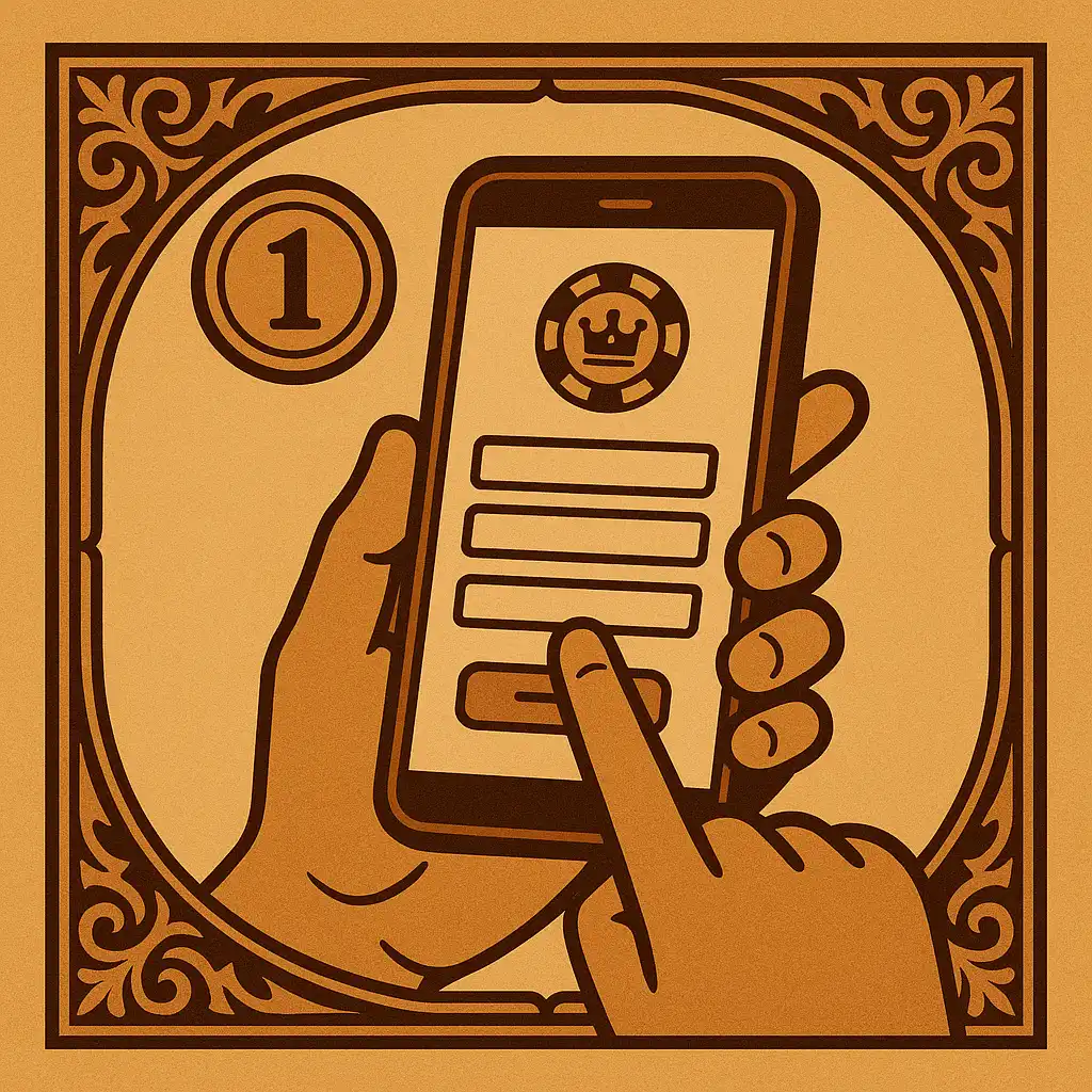 Illustration of a hand registering a casino account on a smartphone